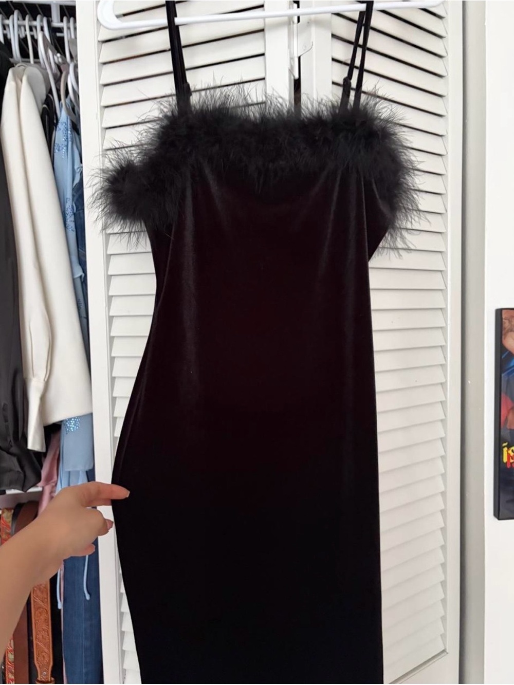 Fashion Nova Black Velvet Feather-Trim Midi Slip Dress - Picture 5 of 5